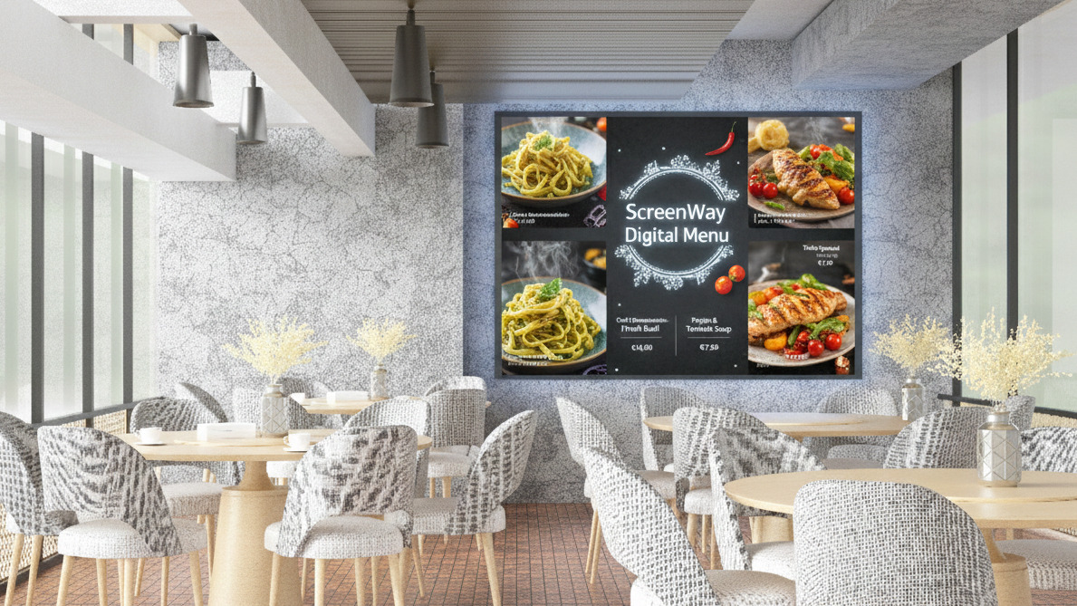 Large display on the wall in the restaurant, showing dishes and daily specials.