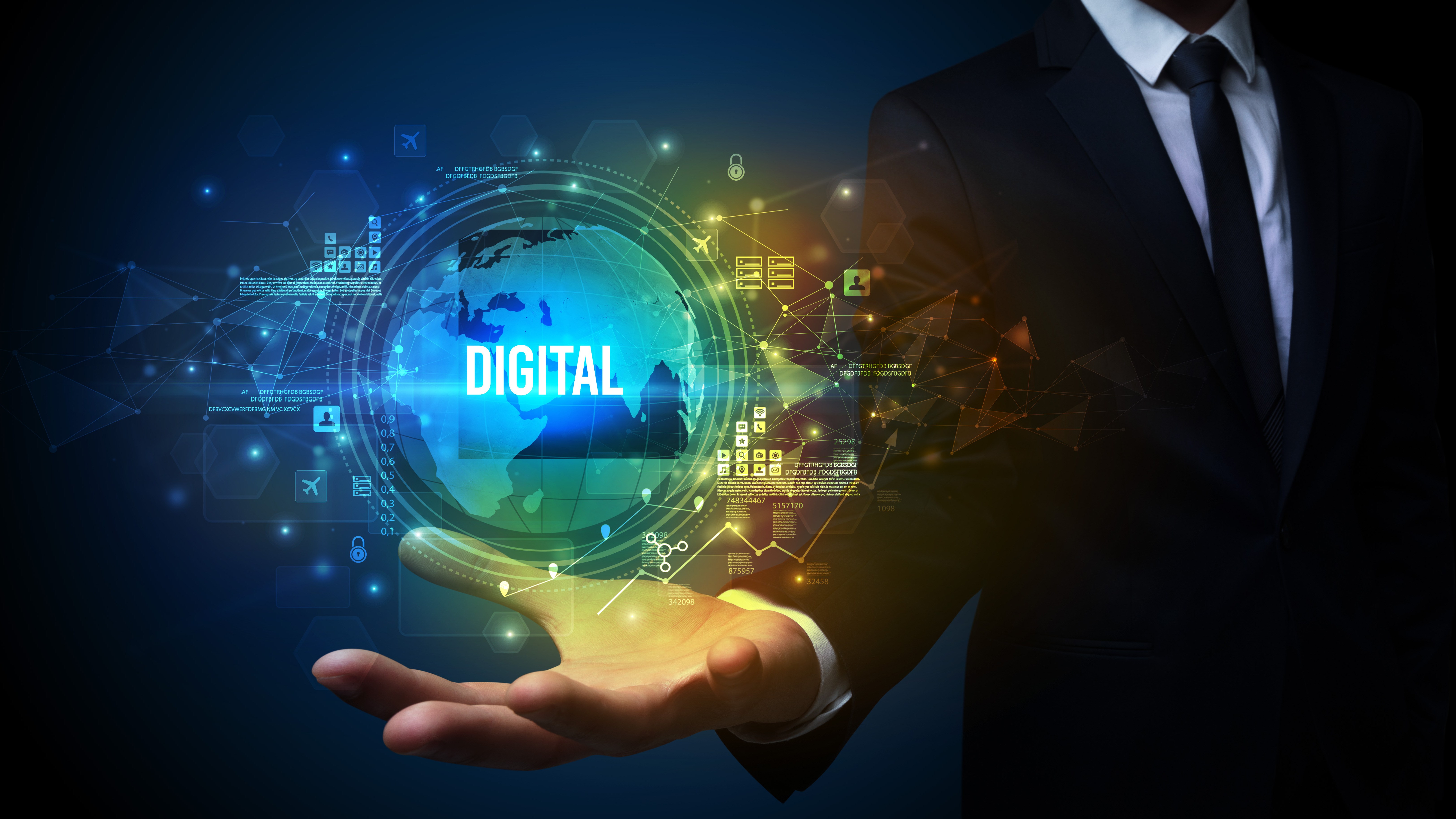 Ein geschäftlich gekleideter Mann hält eine digitale Erdkugel, umhüllt von Netzwerkknoten und Datenpunkten in der Hand. Ein Symbol für digitale Technologien und globale Vernetzung in moderner, hochwertiger Bildsprache, ideal für Digitalisierung oder Tech-Lösungen.