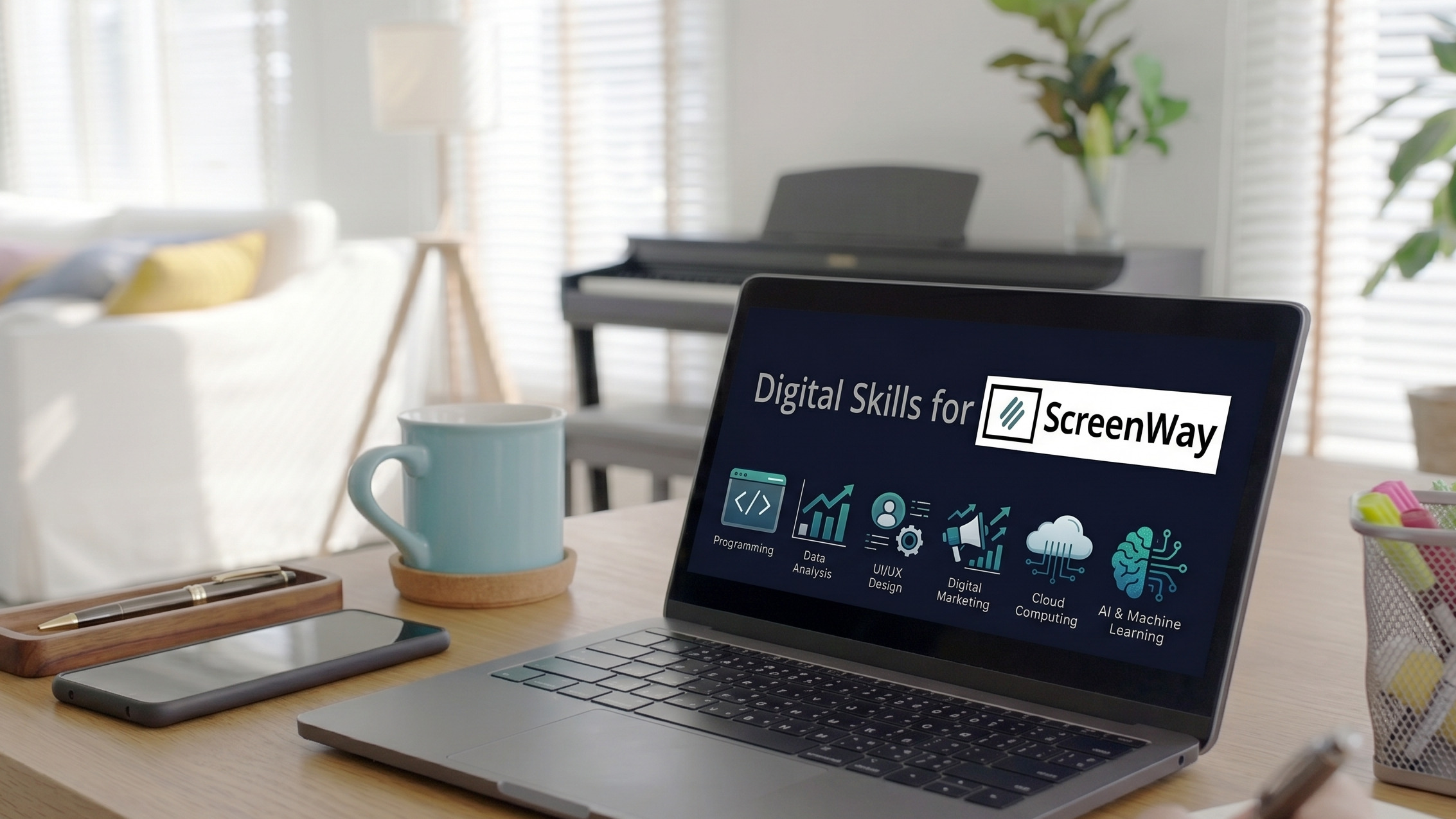 A desk with a laptop on it. The display shows Digital Skills for ScreenWay with logo and icons underneath