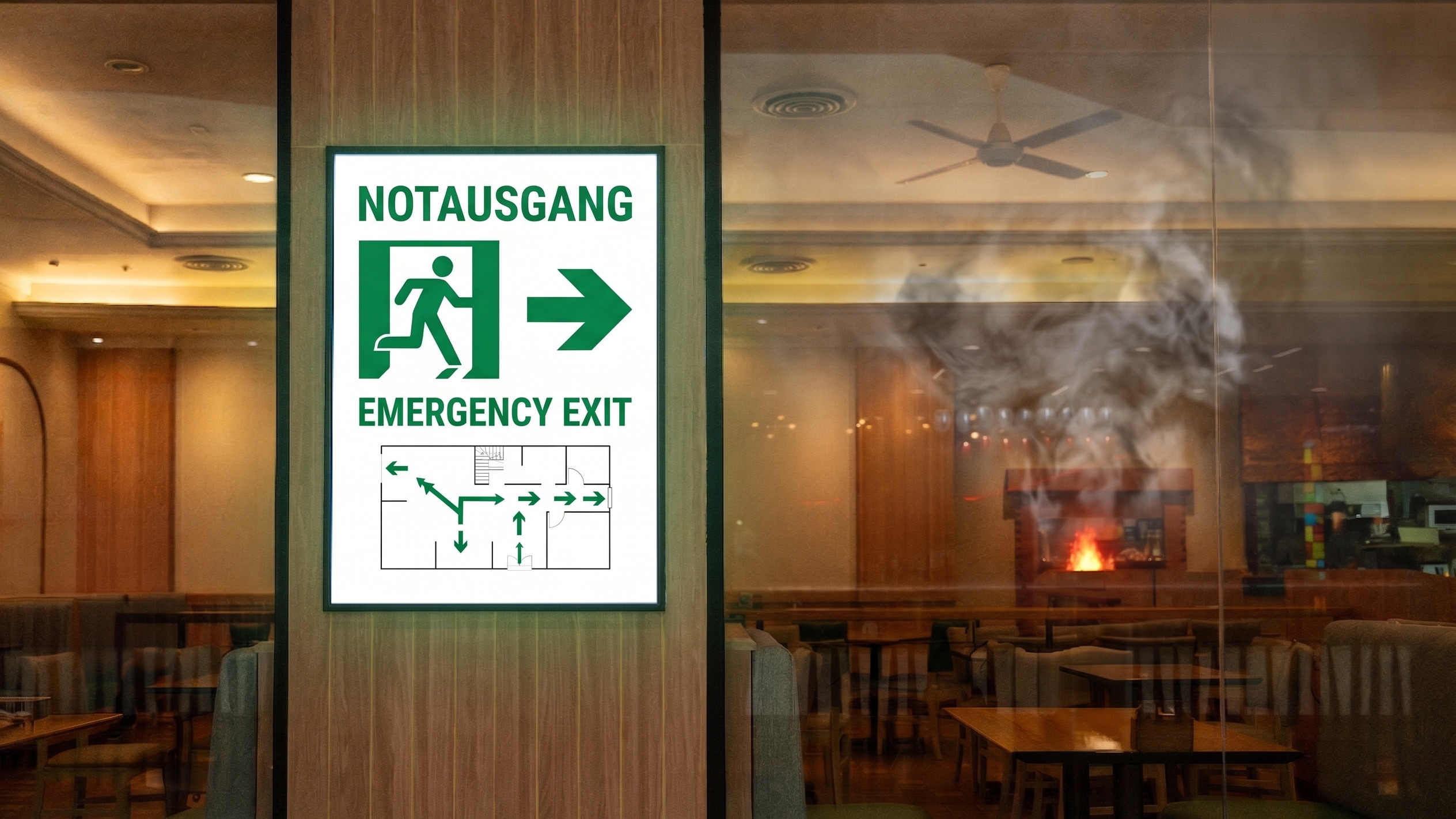 A restaurant area with fire and smoke in the background. In the foreground there is a sign on a pillar with directions to the emergency exit