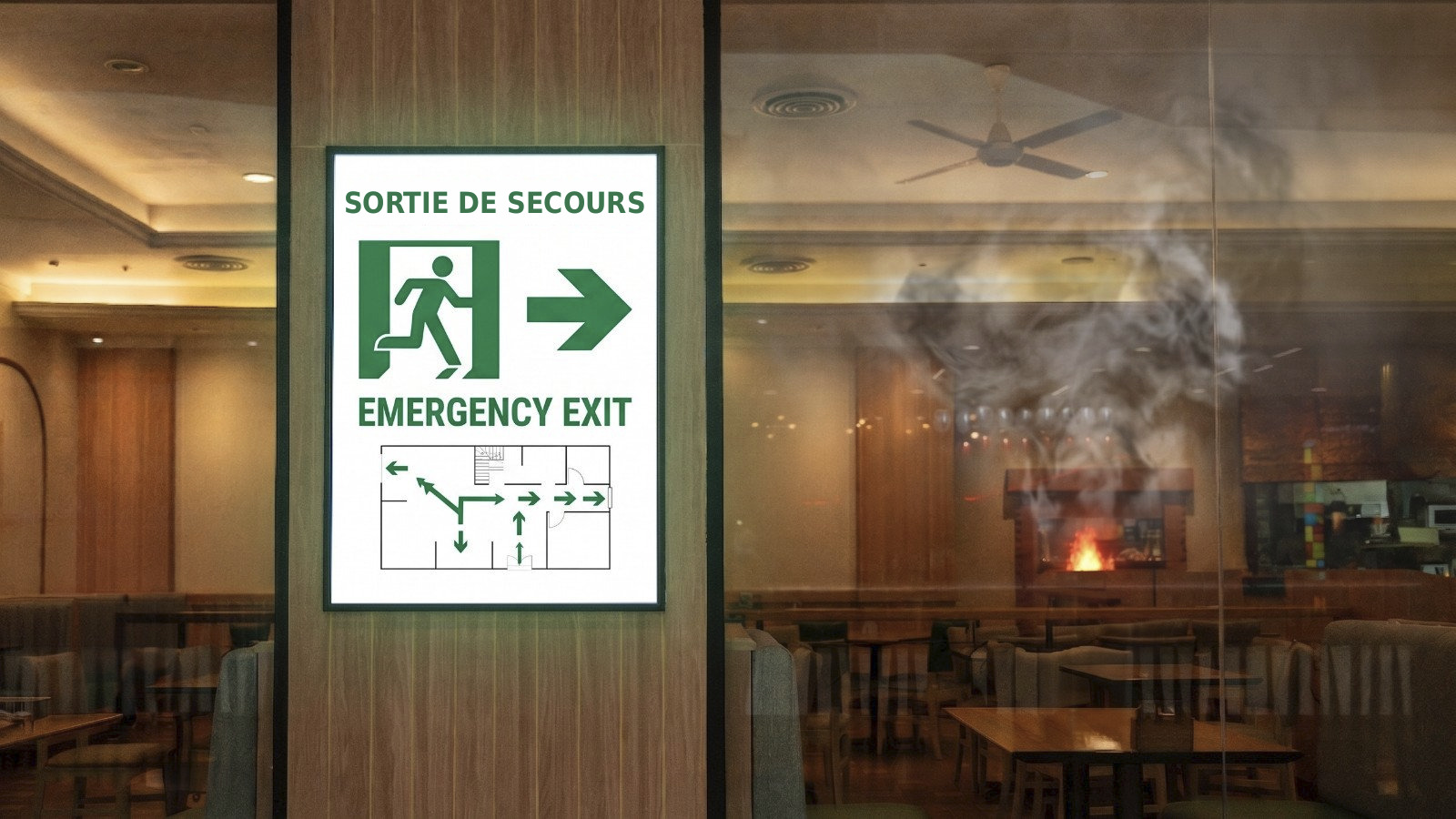 Une zone de restaurant avec du feu et de la fumée en arrière-plan. Au premier plan, sur un pilier, une signalétique indiquant la sortie de secours.