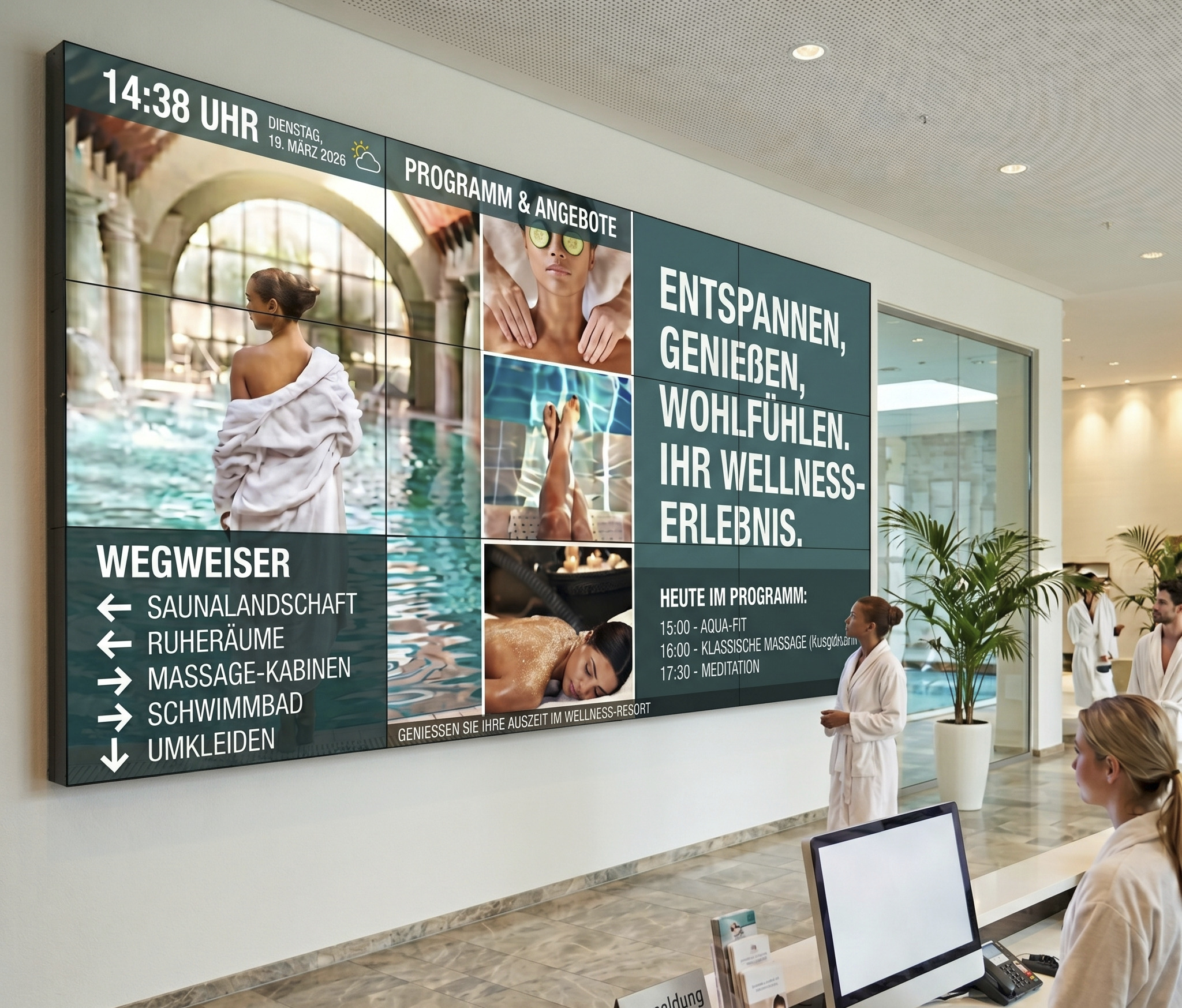 The reception area of a wellness center, featuring a large digital display that provides information about the program and the facilities.