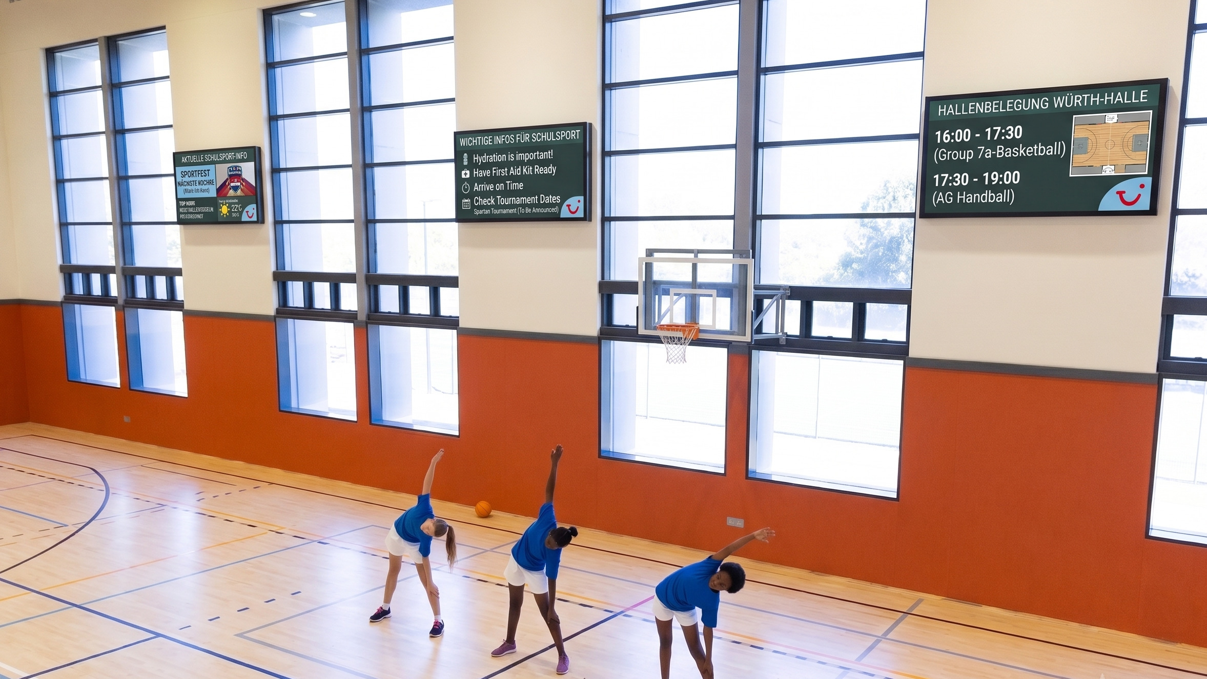 Tre adolescenti fanno stretching in una palestra luminosa con pareti arancioni e bianche e pavimento in legno lucido. Indossano magliette blu coordinate e pantaloncini bianchi; sullo sfondo si vede un canestro da basket. In alto sulle pareti, tra le finestre, tre monitor mostrano informazioni.
