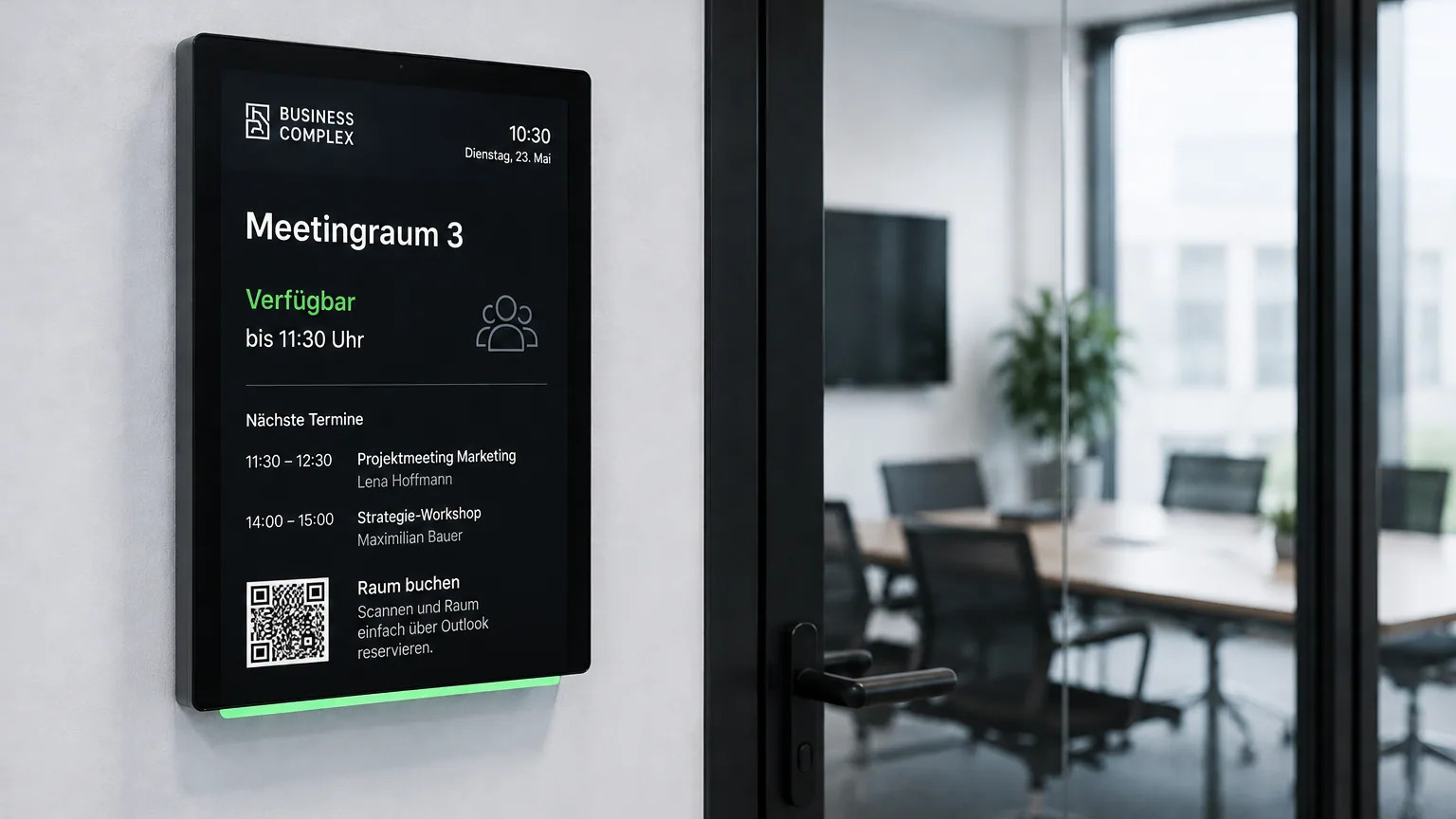 This close-up shows a hand operating a modern touchscreen door sign. The wall-mounted device is shown in a bright, professional setting. Perfect for illustrating technology, automation, user interfaces, or access control.