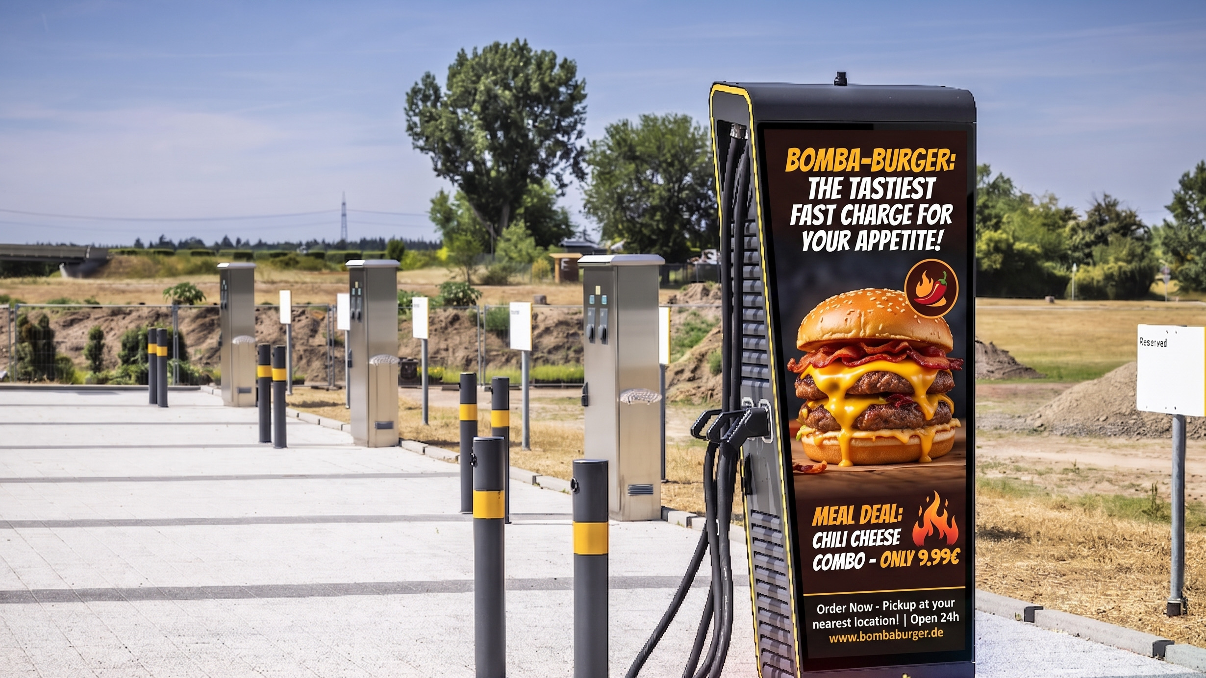 Uzlādes parks zem klajas debess ar elektroauto uzlādes staciju rindu; uz priekšējās stacijas displejs rāda burgera reklāmu ar īpašo piedāvājumu. Fonā koki un pļava.